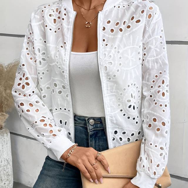 TEMU Elegant Women's Pink Embroidered Zip-up Jacket - Lightweight, Long Sleeve, For Fall With Eyelet Details, Machine Washable
