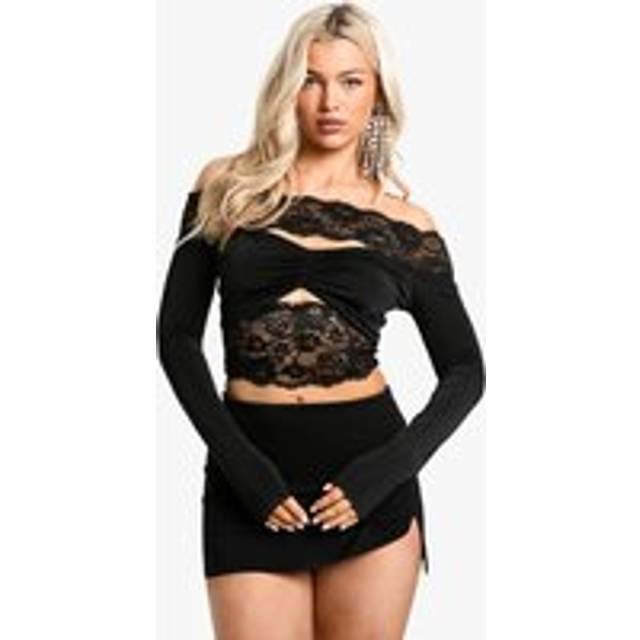 Womens Lace Bardot Slinky Top - Black - 14, Black