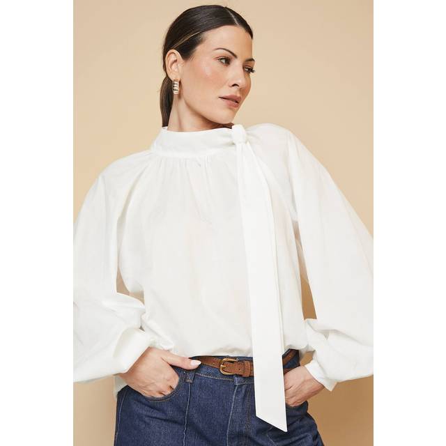 Womens Woven Tie Neck Balloon Sleeve Blouse - White - 12