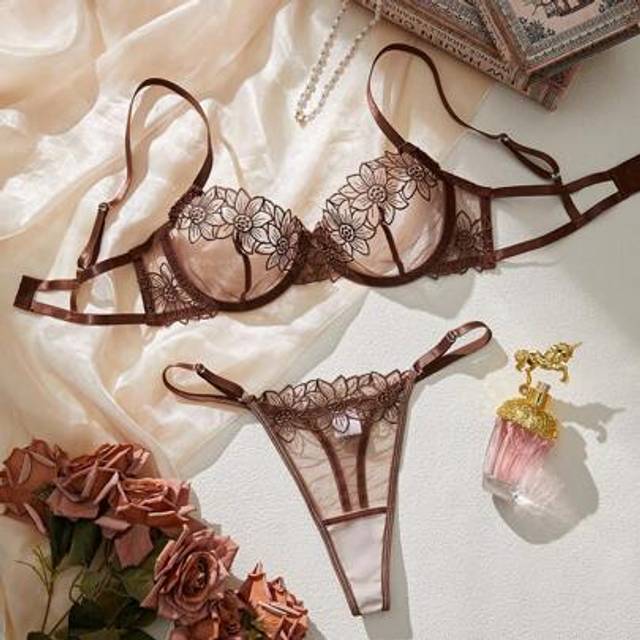 SHEIN French Style Romantic Embroidery Lingerie Set, Sophisticated 2 Pieces Set In Beige