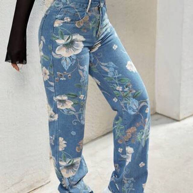 SHEIN Y2K 90s Street High Waist Floral Print Wide Leg Blend Loose Jeans Comfort Washed Denim Trousers With Pockets For Outdoor Activities