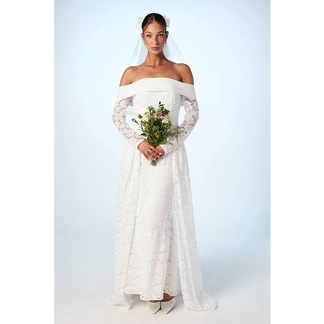 Bardot Long Sleeve Lace Wedding Dress With Removeable Skirt - Ivory - 12