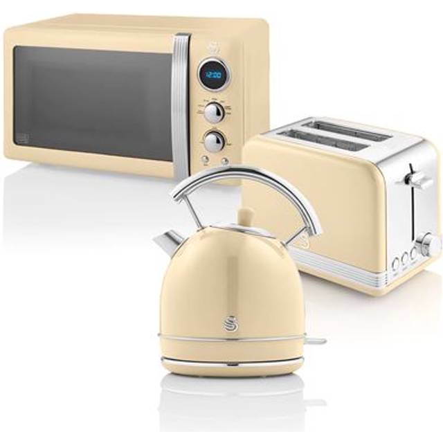 Swan Retro frukostset 1,8 l vattenkokare, 2 skivor brödrostbrödrost, 20 l digital mikrovågsugn, 6 effektnivåer, timer, spegeldörr, vintage design, kräm, rostfritt stål, en storlek