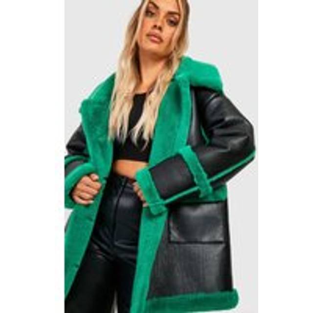 Womens Plus Contrast Trim Longline Aviator Jacket - Green - 18