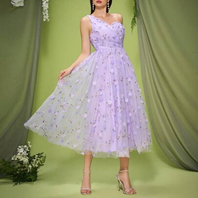 SHEIN Mgiacy,New Arrival,One Shoulder,Romantic,3D Floral,Embroidery,Asymmetrical,Elegant,Bridesmaid Dress,Ruched ,Lilac,Long Dress