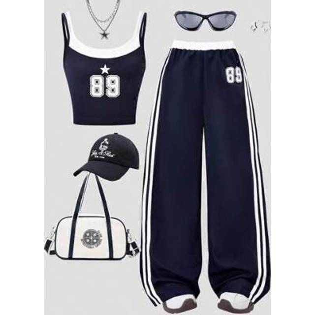 SHEIN Girls&#39; Fashion Casual Fashion New 2 Pieces Vest Set, Digital Print, Tank Top Paired With Side Pants With White Striped Long Pants, Suitable For Summer