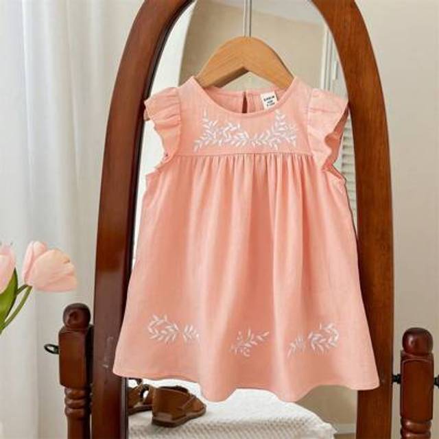 SHEIN Baby Girl Summer Casual Embroidered Pattern Loose Fit Cap Sleeve Dress