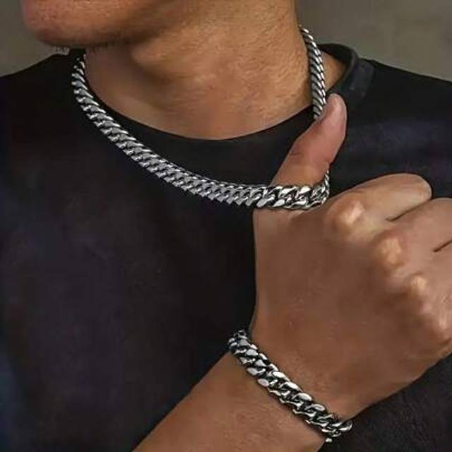 SHEIN 2pcs/Set Stainless Steel Cuban Link Necklace & Bracelet Set, Hip Hop Fashion Jewelry Gift For Men, Durable & Shiny, No Pendant