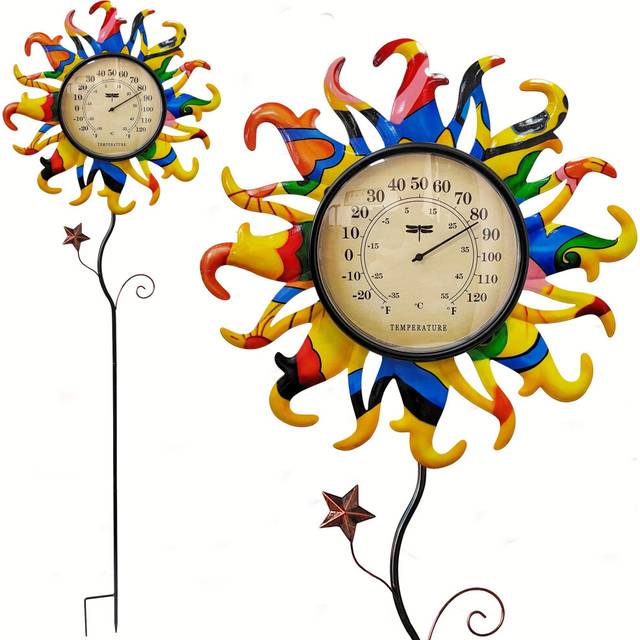(Yellow sun thermometer decor) Colorful Metal Sun Art Sculpture with Thermometer - Indoor/Outdoor Garden Stake, Nature-Inspired Design for Lawn, Patio
