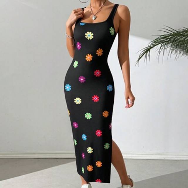 SHEIN Red Day And Pride Month Summer Casual Slim Rainbow Striped Long Top Dress With Side Slits,Summer Dresses For Women