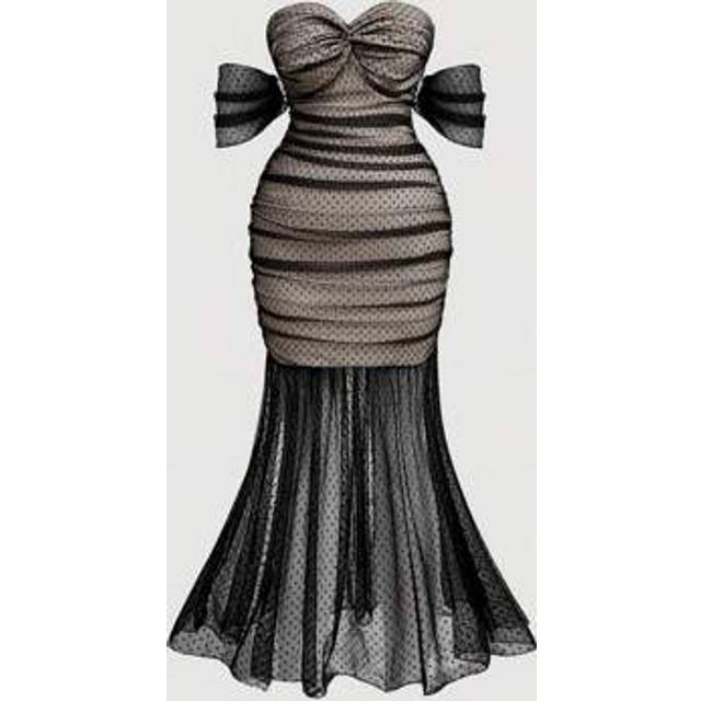 SHEIN Plus Size Women Off-Shoulder Mesh Sexy Long Black Evening Dress, Fishtail Dress, Party Outfits, Festival Outfits, Beach Outfits,Tea Party Dresses,Birt