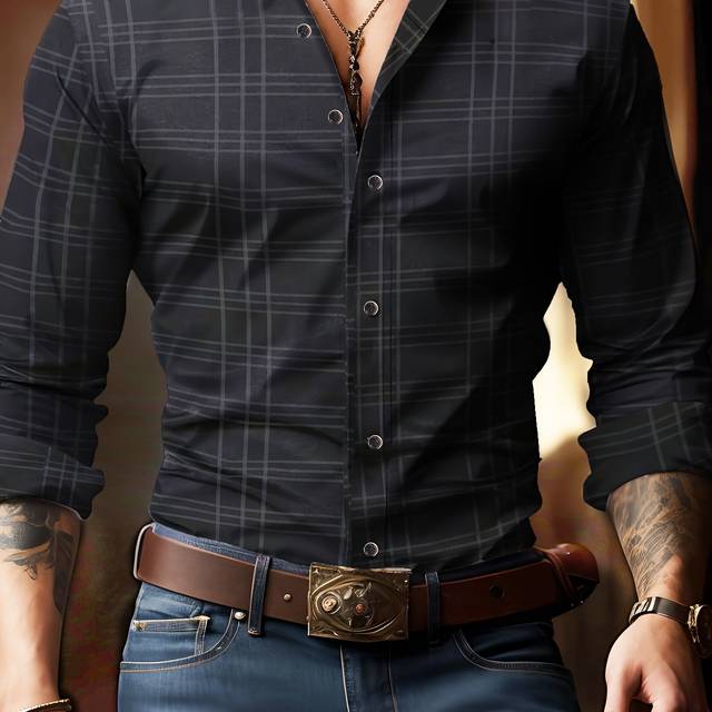 TEMU Men's Slim Fit Plaid Dress Shirt - Black & White Striped Long Sleeve Button-up, Polyester, Machine Washable, Lightweight For All