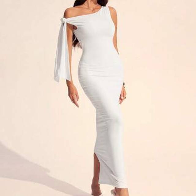 SHEIN Women&#39;s Solid Color Graduation Season White Dress Asymmetrical Off-Shoulder Straps Gathered Elegant Woman Slit Dress