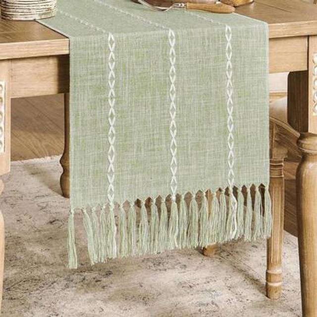 SHEIN 1PC Retro Country Style Bohemian Woven Table Runner, Handmade Tassel Lace Knotted Tassel, Ivory/Green/Grey Blue/Cream Striped Doodle, Suitable For Cof