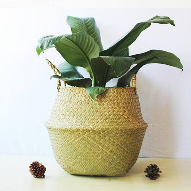 Woven Flower Basket Seagrass Braided Flower Pot Woven Basket Desktop Storage Plant Basket brown