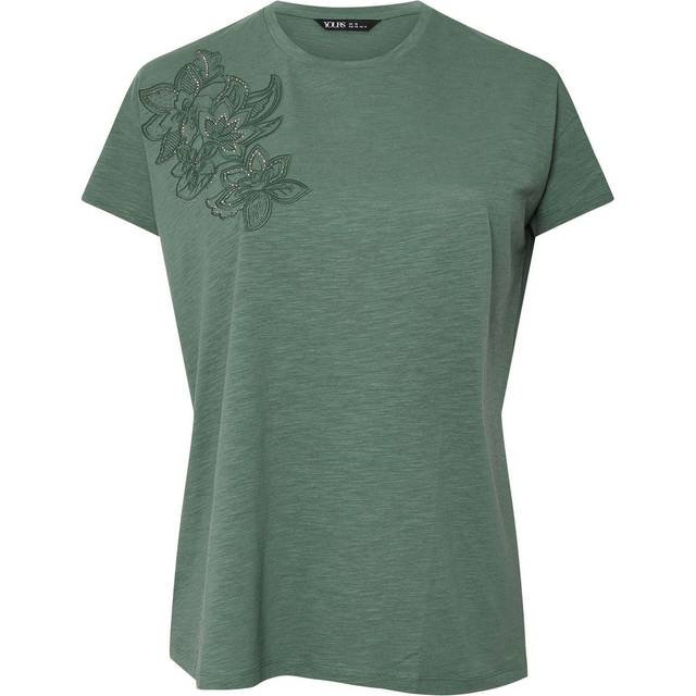 Yours Curve Khaki Green Floral Embroidered Stud Detail Tshirt, Women's Curve & Plus Size, Yours - 16