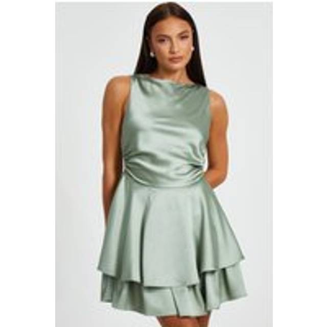 Light Green Satin Tiered Skater Dress - Pale Green - 10