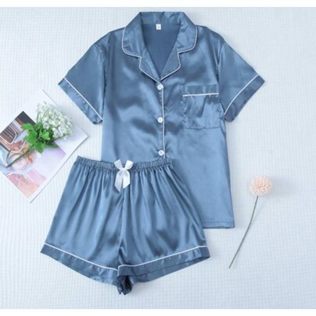 SHEIN 2pcs/Set Satin Blue Pajama Set Include Short Sleeve Lapel Top And Bowknot Shorts For Women, Homewear,Two Pieces Set