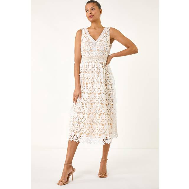 Lace Overlay V-Neck Midi Dress - Ivory - 14
