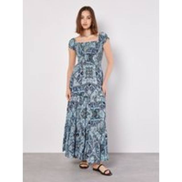 Scarf Print Milkmaid Maxi Dress - Blue - 12