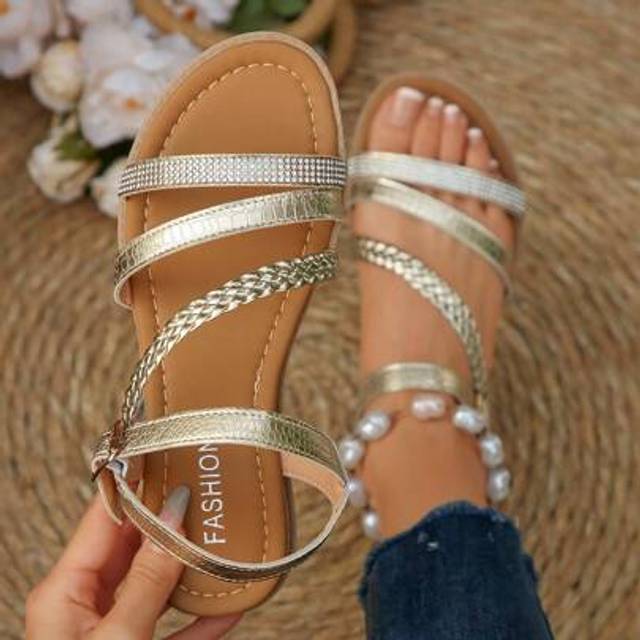 SHEIN Cross-Border Trade Low-Cut Woven Snakeskin Patterned Plus Size Women&#39;s Flat Sandals, Outdoor