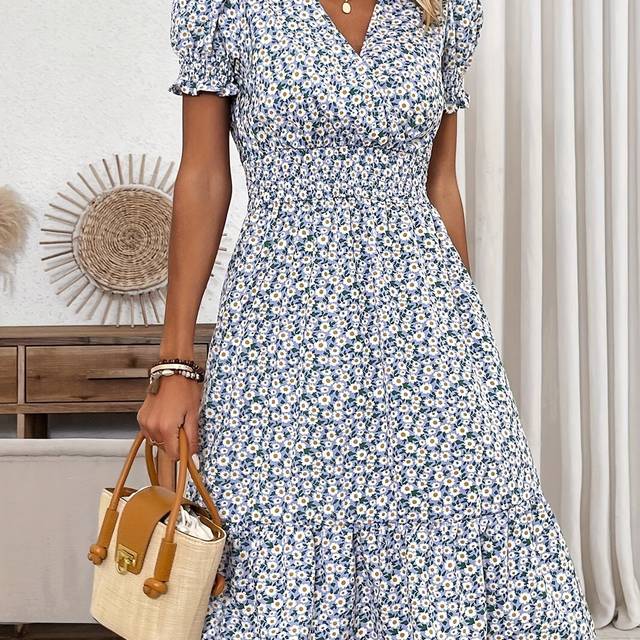 TEMU Women's Elegant Floral Print Midi Dress With Puff Sleeves - Summer Fashion, Cinched Waist, Hem, Lightweight Polyester, Casual Or Formal Occasions, Floral Print Dres
