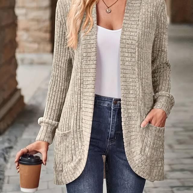 TEMU Women's Elegant Long Sleeve Ribbed Cardigan - Open Front, Button-up Casual Sweater With Pockets, Beige, Fall/winter Layering, Casual Wear Cardigan | Open Front Sweater | Texture