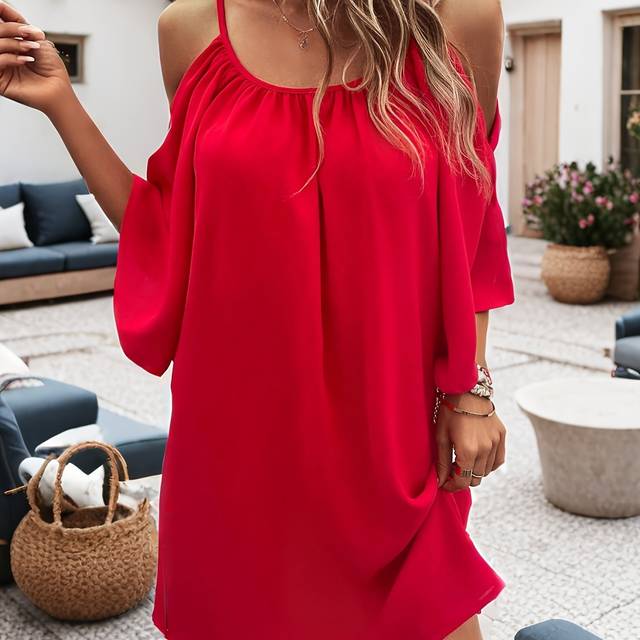 TEMU Plus Size Women's Elegant Off-shoulder Ruffle Sleeve Dress - Black, Stretchy Polyester Blend, Style, Short Length, Casual Attire, Dress | Ruffle Sleeve Dress | Stretchy Fabric