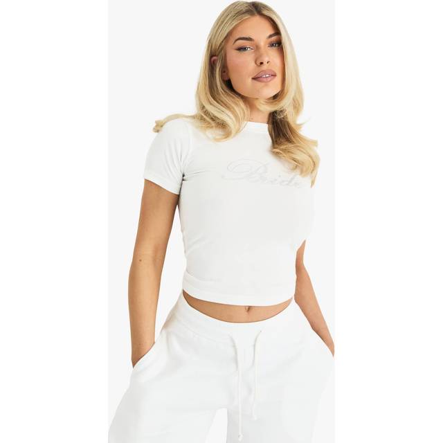 Womens Bridal 'Bride' Diamante Slogan Baby Tee - White - 14