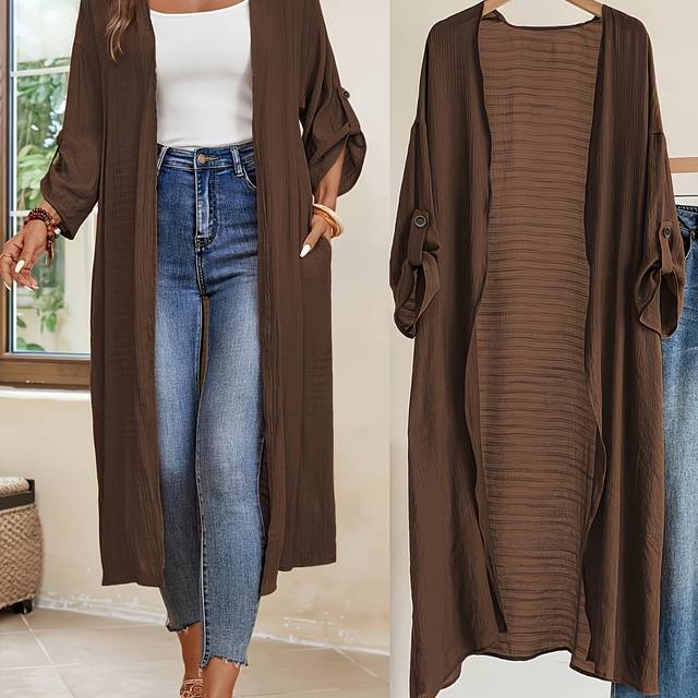 TEMU Women's Elegant Long Cardigan - Open Front, Button Detail, Non-stretch Polyester Fabric, Brown, Spring, Casual Or Dressy Outfit, Lightweight Cardigan