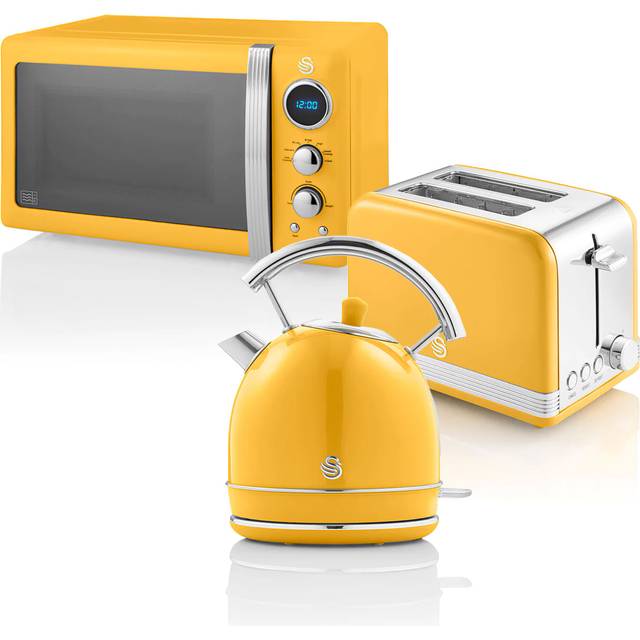 Swan Retro Set Frukost Vattenkokare 1,8 l, Brödrost Bröd Slot Bred 2 Skivor, 20L Digital Mikrovågsugn, 6 Effektnivåer,Timer, Spegel dörr, Vintage design, Gul, En storlek
