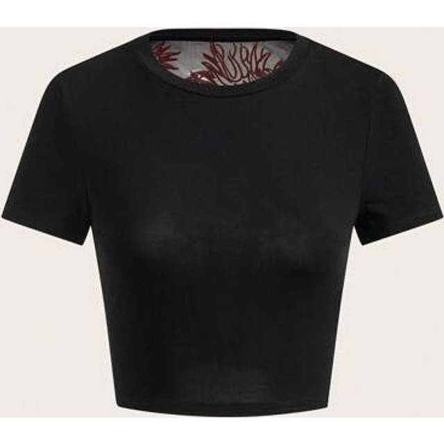 SHEIN Spring And Summer Graphic Going Out Grunge Sheer Fashionable Sexy Dragon Print Flocked Mesh Panel Short Sleeve T-Shirt