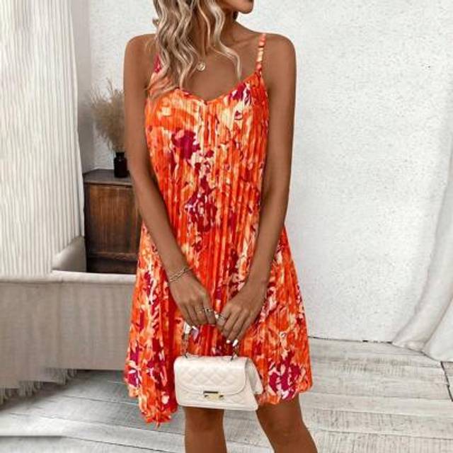 SHEIN Spaghetti Strap Pleated Vacation Dress, Orange & Pink Abstract Print Elegant Summer Outfits For Women Vacation Outfits Business Casual Woman Cute Summ