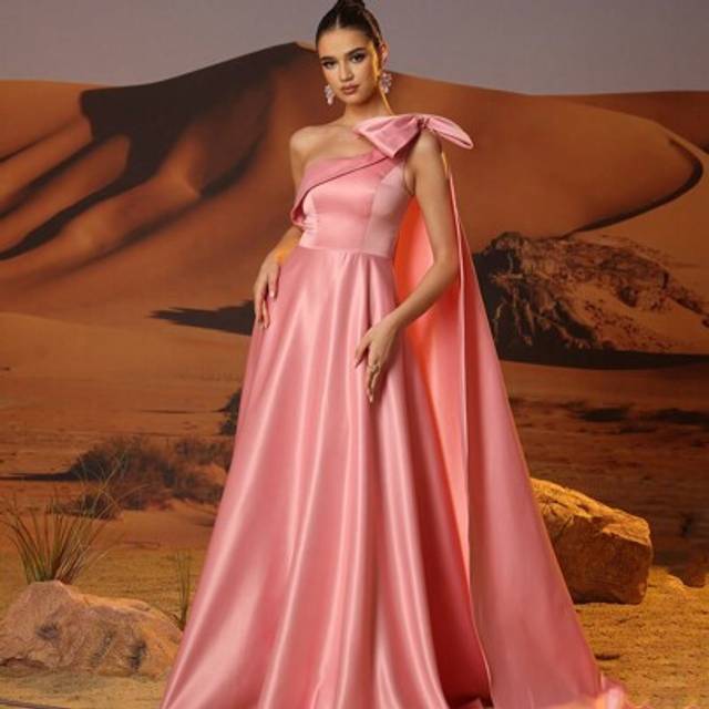 SHEIN Satin One Shoulder Prom Dresses Long With Bow For Women Shoulder Drop Train Formal Evening Gowns With Ruffl Hem Neck Line Lace Up Back A-Line Homecomi