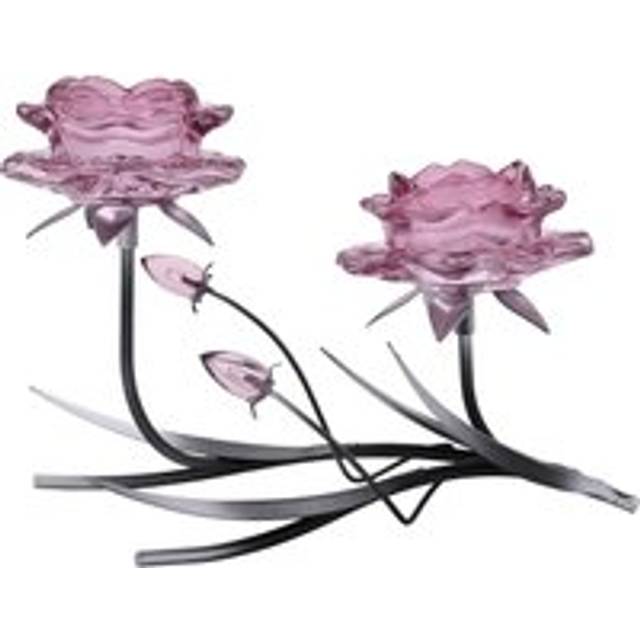 Pink Glass Rose 2 Stem Candle Holder With 2 Tone Black And Silver Base - One Size