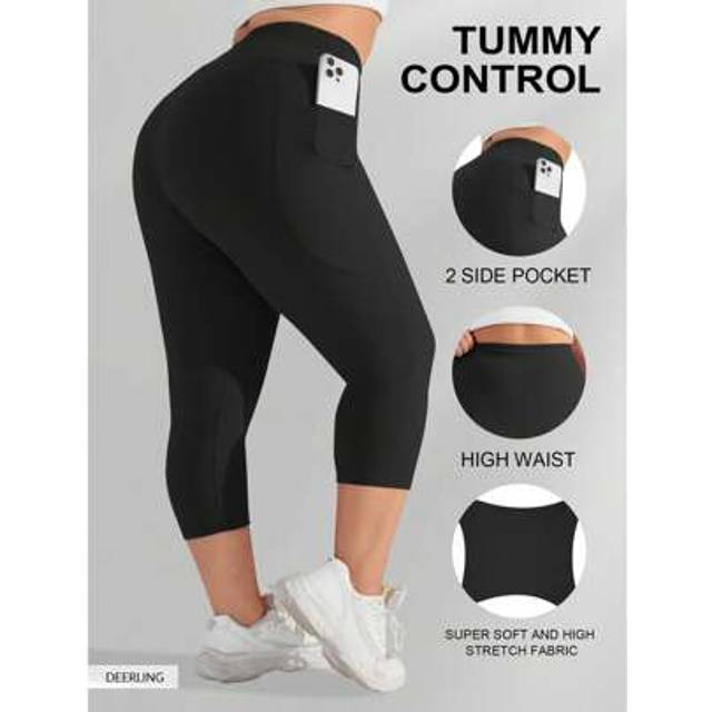 SHEIN Women&#39;s Plus Size Capri Leggings High Waist Tummy Control, Stretchy Yoga Workout Pants (XL-5X) - Spandex Elastic Fit