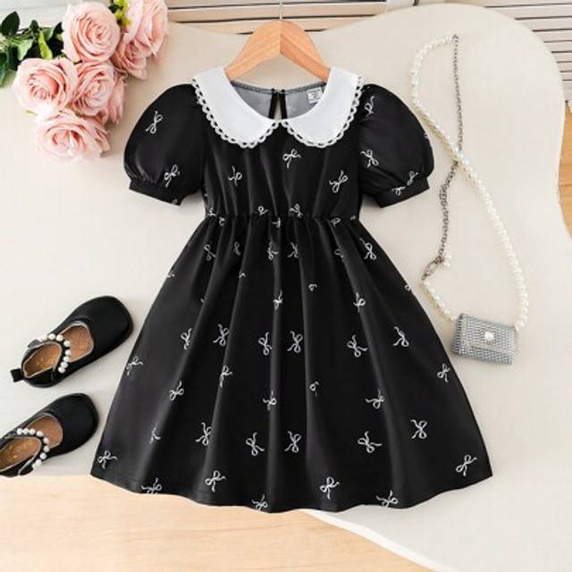 SHEIN Young Girls Spring Dress With Bow, Floral Print And Color Block Collar & Puff Sleeves Details, Elegant Styles For Summer Young Girl Formal Wear