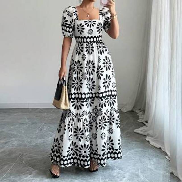 Calvaya Women&#39;s Summer Country Floral Print Bardot Neck Dress