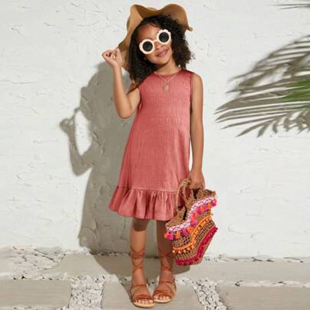 SHEIN Young Girl Leisure Fashion Solid Color Round Neck Sleeveless Woven Dress