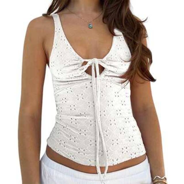 SHEIN Women Hollow Out Tank Tops Slim Tie-Up V Neck Cut Out Sleeveless Crop Cami Shirts Summer Streetwear