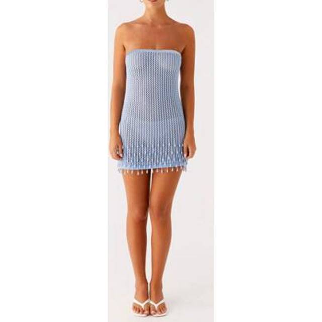 SHEIN Women Crochet Knit Dress With Tassels Slim Hollow Out Off Shoulder Strapless Sleeveless Mini Bodycon Dress