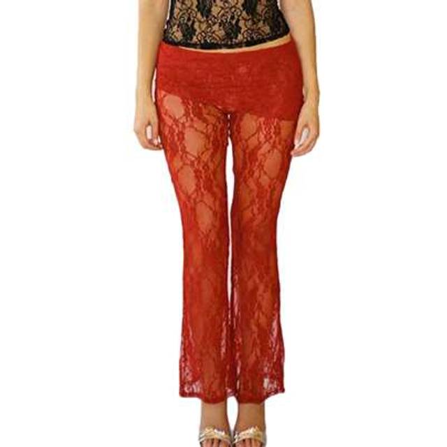SHEIN Women Lace Bell Pants, Low Waisted Pants See-Through Slim Fit Sheer Pants Trousers