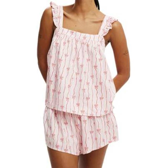 SHEIN Women&#39;s Summer Pajamas Set Stylish Bow Print Ruffled Trim Camisole Tops With Wide Leg Shorts 2 Pcs Set