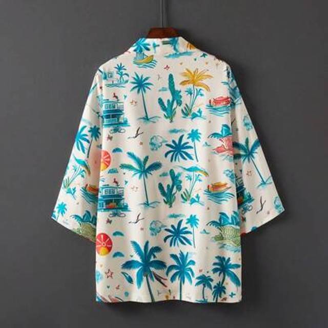 SHEIN Vintage Japanese Style Loose Fit Hawaiian Floral Print Kimono Cover Up, Unisex Beach Swimwear Cover-Up Plus Size Summer Vacation