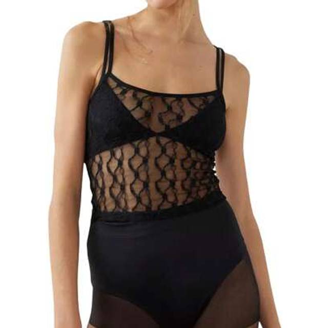 SHEIN Womens Sheer Mesh Cami Tops Slim Lace Embroidery See Through Square Neck Sleeveless Solid Short Vest For Summer