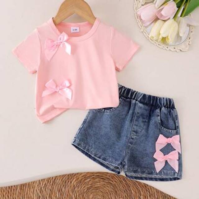 SHEIN 2pcs Baby/Baby Girl Cute Pink Bow Short Sleeve T-Shirt + Denim Shorts Set, Lightweight Summer