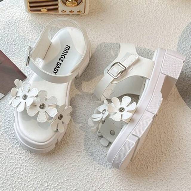 SHEIN White Chunky - Sole Kids&#39; Sandals With Flower Rhinestone Decor - Adjustable Buckle Design, Stylish & Cute For Girls, Ideal For Summer Wear