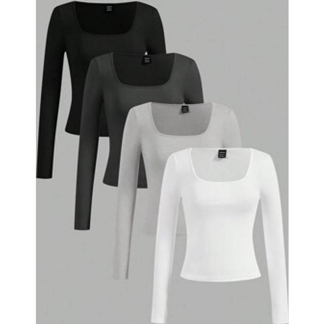 SHEIN 4pcs Solid Color Square Neck Long Sleeve Women T-Shirt, Casual & Versatile, Spring/Autumn