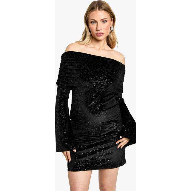Womens Maternity Velvet Sequin Bardot Mini Dress - Black - 14, Black