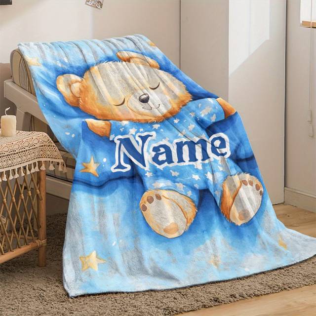TEMU Personalized Teddy Bear Flannel Blanket – Soft, Lightweight, And Warm With Custom Name – Adorable Blue Starry Design For Bedroom, Travel, Or Gift – 31.5x47.2 Inches